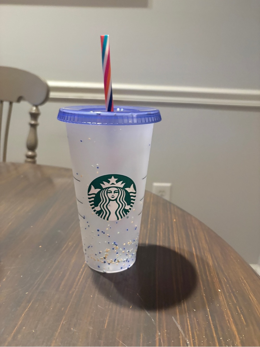 Starbucks Frosted Tumbler with Purple Lid and Multicolor Straw